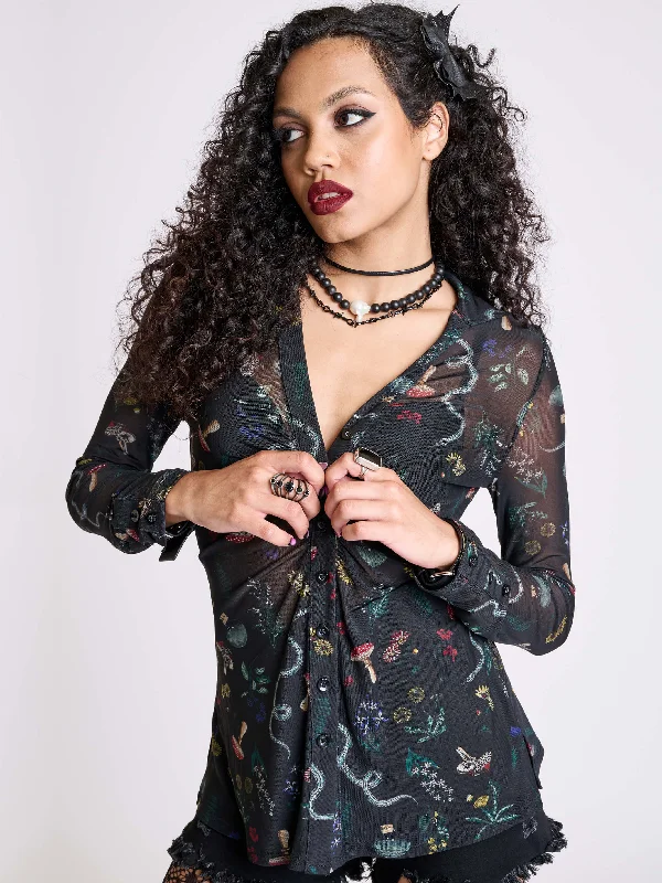 Ruffled Cuff Women Long Sleeve Top with a Feminine TouchBotanical Mesh Shirt