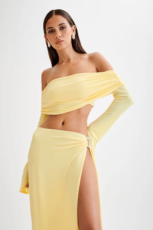 Sheer Mesh Women's Crop Top in White for a Sexy and Alluring Summer LookCamryn Slinky Off Shoulder Crop Top - Yellow