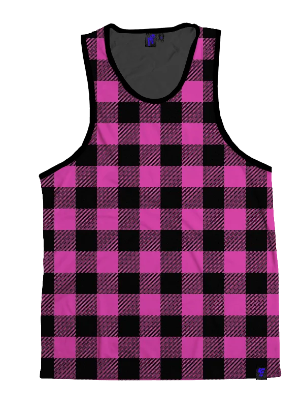 High - Neck Women's Silk Blend Tank Tops for a Luxurious FeelNeon Pink & Black Plaid Unisex Tank Top High - Neck Women's Silk Blend Tank Tops for a Luxurious FeelNeon Pink & Black Plaid Unisex Tank Top