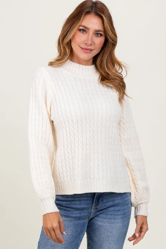 Lace - Trimmed Women Long Sleeve Top for an Elegant LookCream Cable Knit Mock Neck Bubble Sleeve Sweater