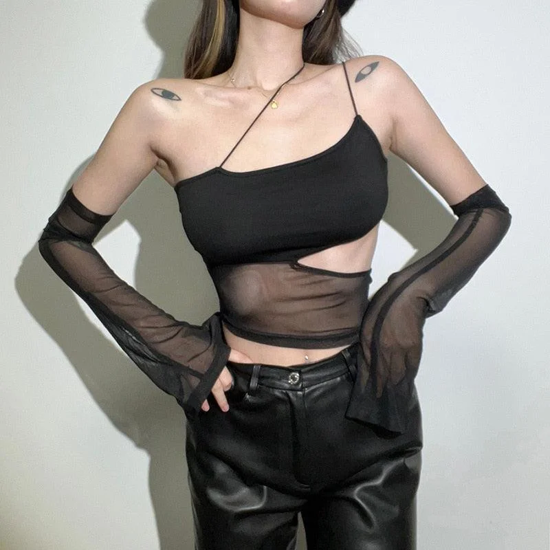 Backless Women's Crop Top in Black for a Sensual and Alluring Evening OutfitDetachable Sleeved Mesh Halter Top Backless Women's Crop Top in Black for a Sensual and Alluring Evening OutfitDetachable Sleeved Mesh Halter Top