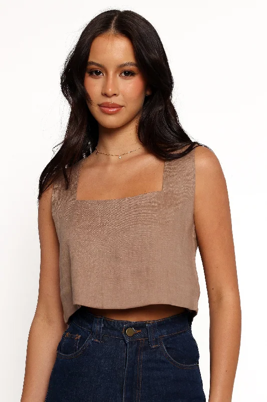 Button - Down Women's Cotton Crop Top in Denim Blue for a Classic and Versatile LookDevlin Top - Mocha Button - Down Women's Cotton Crop Top in Denim Blue for a Classic and Versatile LookDevlin Top - Mocha