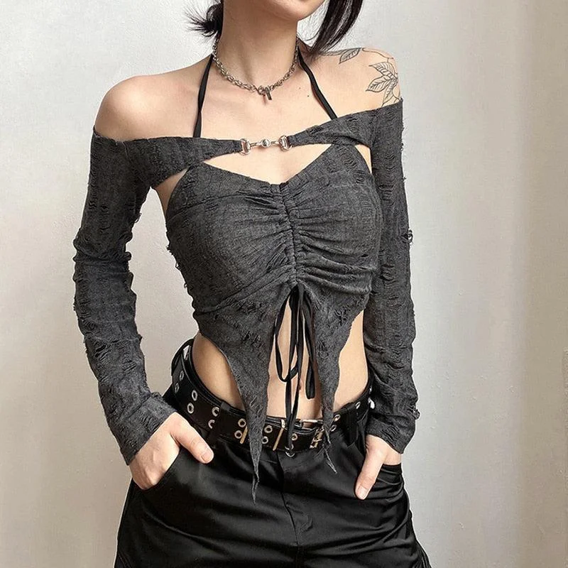 Off - Shoulder Women's Crop Top in Navy for a Chic and Trendy Beach EnsembleFairy Grunge Detachable Sleeve Halter Top Off - Shoulder Women's Crop Top in Navy for a Chic and Trendy Beach EnsembleFairy Grunge Detachable Sleeve Halter Top