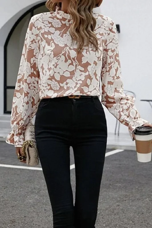 Puffer - Sleeve Women Long Sleeve Top for a Fashion - Forward LookFloral Print Mock Neck Flounce Sleeve Blouse