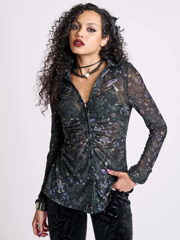 Lightweight Women Long Sleeve Top for Spring and AutumnForest Witch Mesh Top