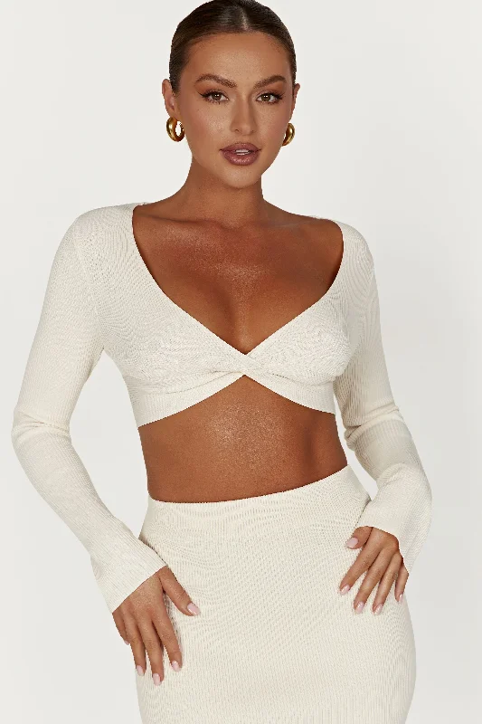 Sleeveless Women's Linen Crop Top in Natural for a Breathable and Casual Summer StyleKaesha Long Sleeve Twist Front Knit Top - Bone Sleeveless Women's Linen Crop Top in Natural for a Breathable and Casual Summer StyleKaesha Long Sleeve Twist Front Knit Top - Bone