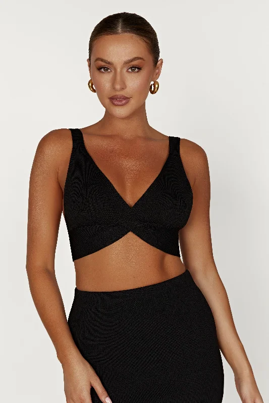 Metallic - Finish Women's Crop Top in Silver for a Futuristic and Eye - Catching LookKaesha Twist Front Knit Top - Black Metallic - Finish Women's Crop Top in Silver for a Futuristic and Eye - Catching LookKaesha Twist Front Knit Top - Black