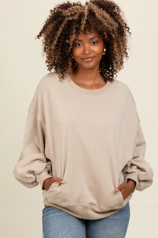 Organic Cotton Women Long Sleeve Top for Eco - Friendly ComfortLight Taupe Oversized Balloon Sleeve Sweatshirt