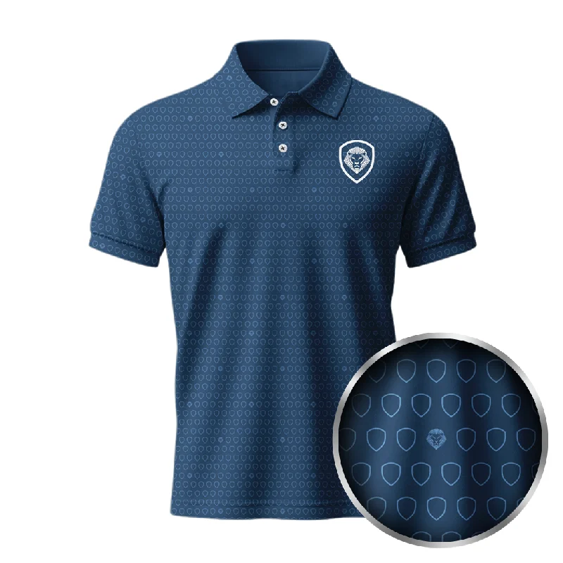Striped linen blend polo shirt for summer beach partiesLion Shield Navy & White Pattern Short Sleeve Polo (Classic Fit) Striped linen blend polo shirt for summer beach partiesLion Shield Navy & White Pattern Short Sleeve Polo (Classic Fit)