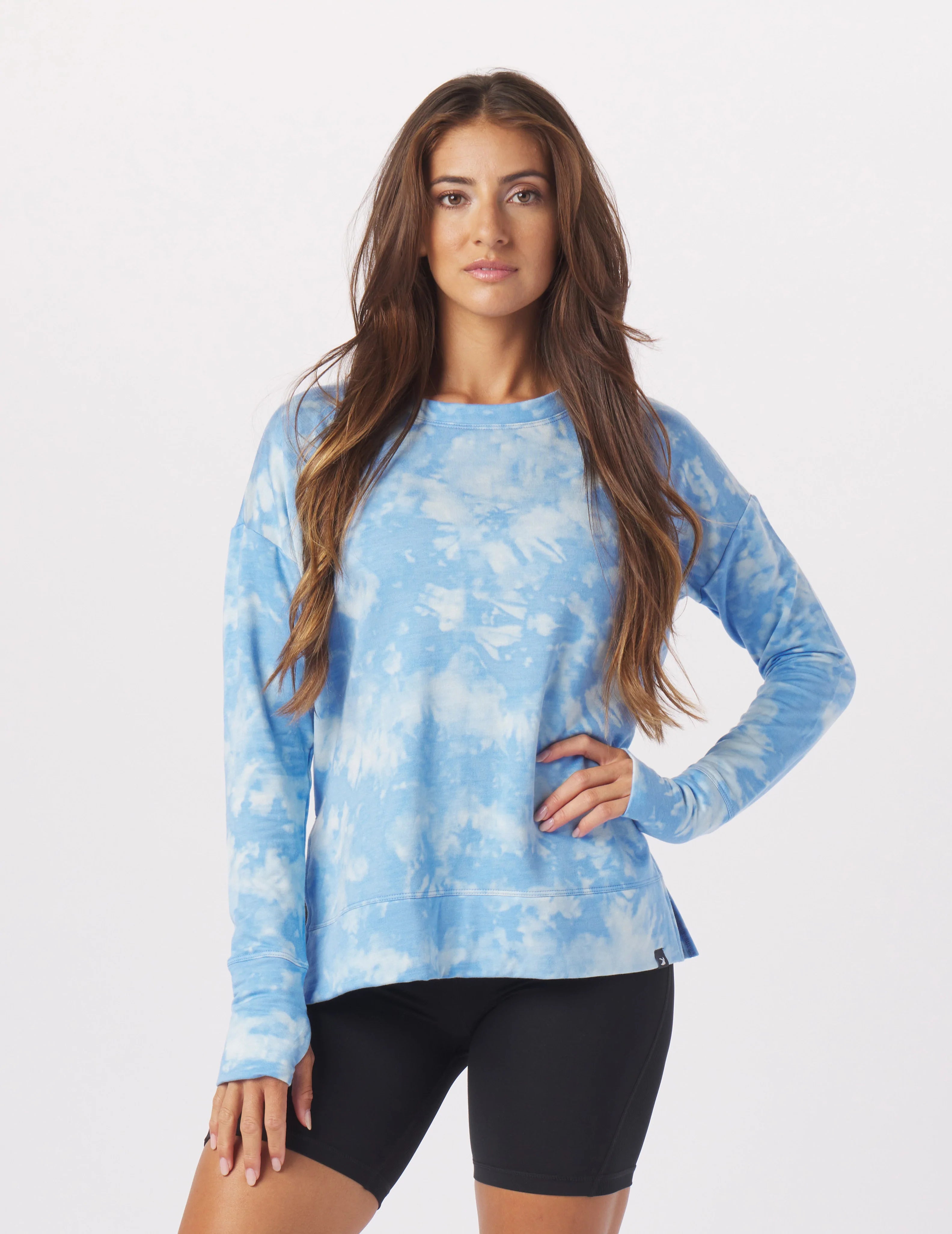 Metallic Accent Women Long Sleeve Top for a Glamorous LookLounge Long Sleeve: Ice Blue Stone Dye