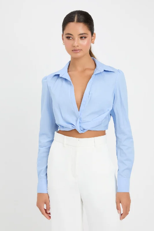 Button - Down Women's Cotton Crop Top in Denim Blue for a Classic and Versatile LookMonaco Twist Front Shirt Button - Down Women's Cotton Crop Top in Denim Blue for a Classic and Versatile LookMonaco Twist Front Shirt