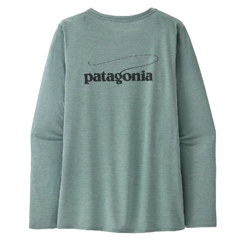 Polo shirt with a detachable hood for added versatilityPatagonia Womens L/S Cap Cool Daily Graphic Shirt - Waters Casting Logo / Thermal Blue X-Dye Polo shirt with a detachable hood for added versatilityPatagonia Womens L/S Cap Cool Daily Graphic Shirt - Waters Casting Logo / Thermal Blue X-Dye