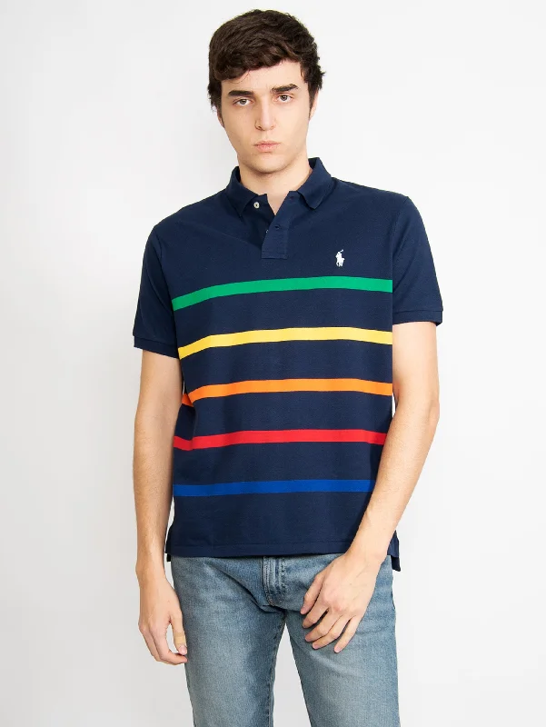 High - low hem polo shirt for a modern touchPolo a Righe Arcobaleno Blu