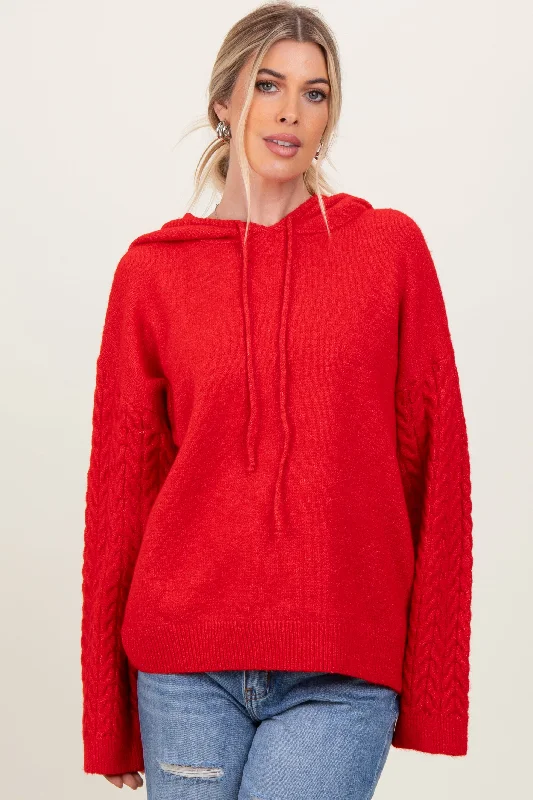 Plaid Women Long Sleeve Top for a Preppy VibeRed Mixed Knit Hooded Sweater