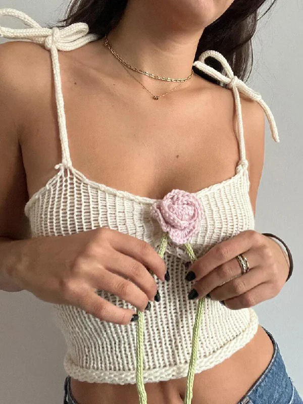 Crochet - Knit Women's Crop Top in Cream for a Bohemian and Artisanal LookRose Detailed Knitted Crop Top Crochet - Knit Women's Crop Top in Cream for a Bohemian and Artisanal LookRose Detailed Knitted Crop Top