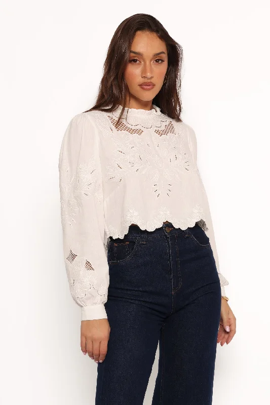 High - Neck Women's Crop Top in Burgundy with Lace Trim for an Elegant and Sophisticated VibeSallie Top - White High - Neck Women's Crop Top in Burgundy with Lace Trim for an Elegant and Sophisticated VibeSallie Top - White