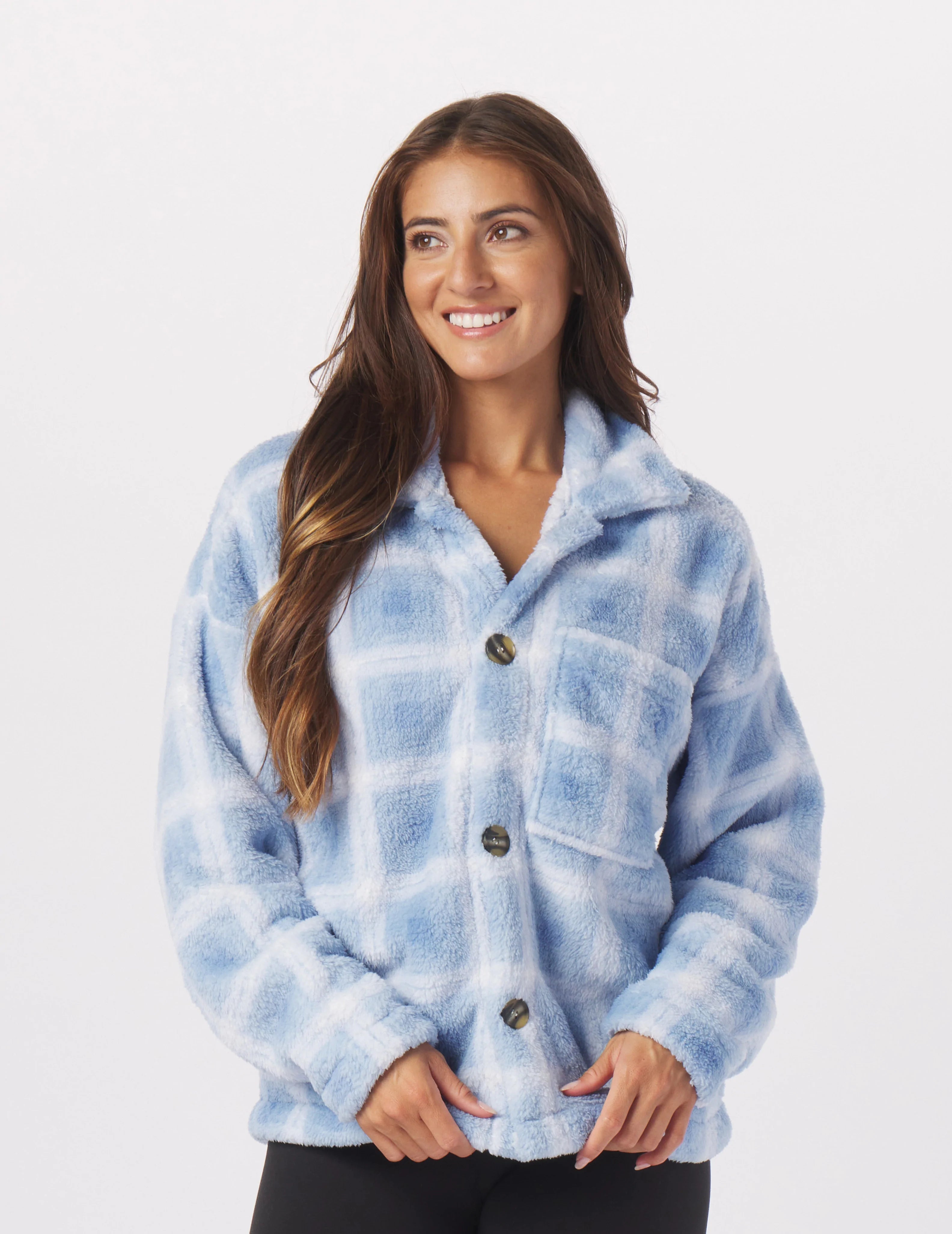Printed Graphic Women Long Sleeve Top with a Bold StatementShow-Stopping Shacket: Ice Blue Jackson Plaid