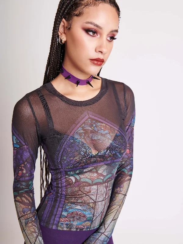 Turtleneck Women Long Sleeve Top for Cold Winter DaysStained Glass Mesh Top