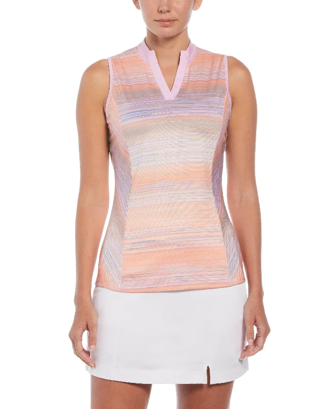 Animal print polo shirt for a bold fashion statementWomens Striped Print Golf Polo with Chevron Placket