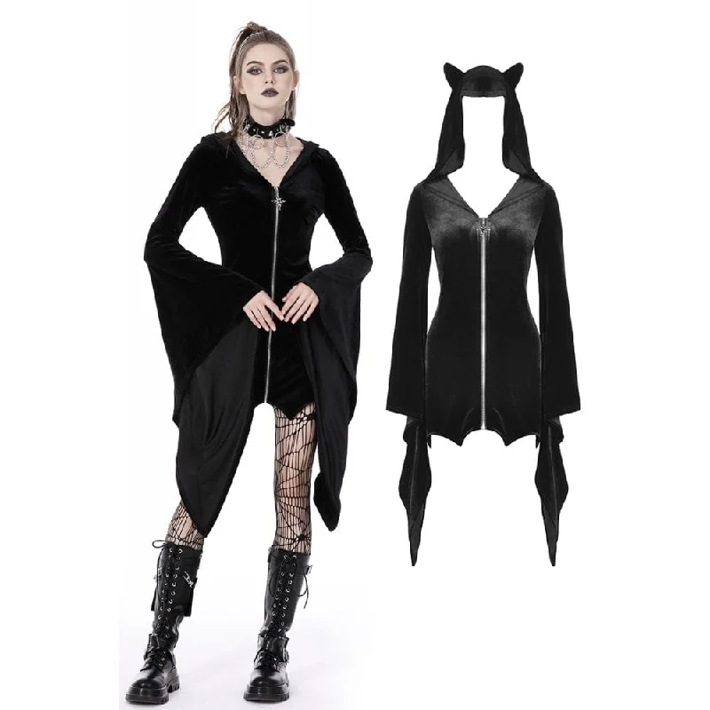 Pocket - Equipped Women Long Sleeve Top for Added FunctionalityWomen's Gothic Flared Sleeved Velvet Dress with Cat Ear Hood