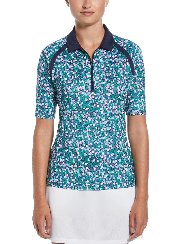 Solid color performance fabric polo shirt for sports activitiesWomens Hexagon Confetti Print Polo Solid color performance fabric polo shirt for sports activitiesWomens Hexagon Confetti Print Polo